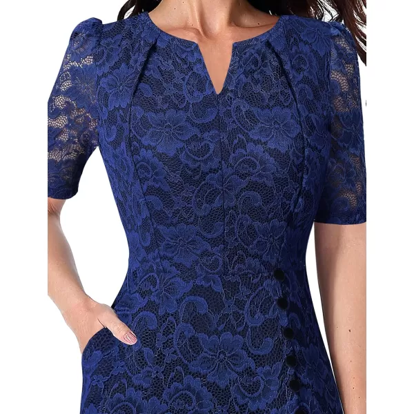 VFSHOW Women Pleated Notch V Neck Pockets Buttons Work Office Business ALine Midi DressDark Blue Floral Lace