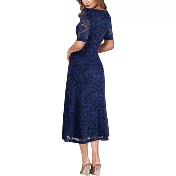 VFSHOW Women Pleated Notch V Neck Pockets Buttons Work Office Business ALine Midi DressDark Blue Floral Lace