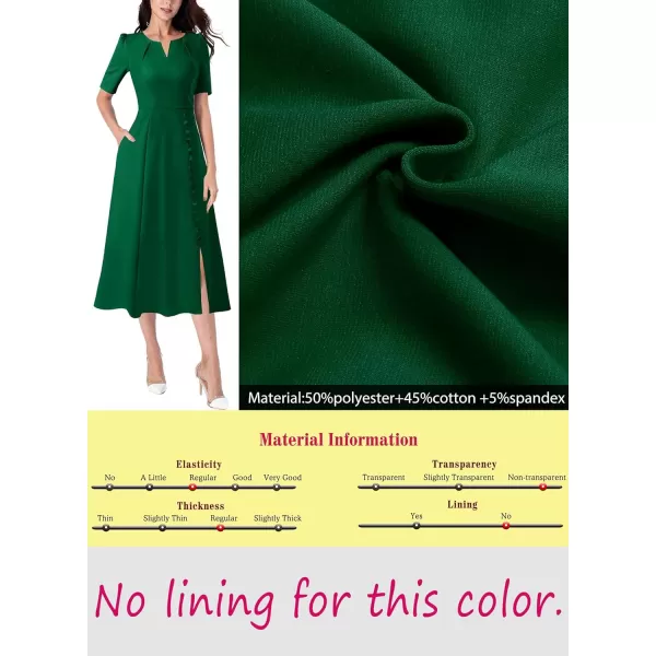 VFSHOW Women Pleated Notch V Neck Pockets Buttons Work Office Business ALine Midi DressGreen