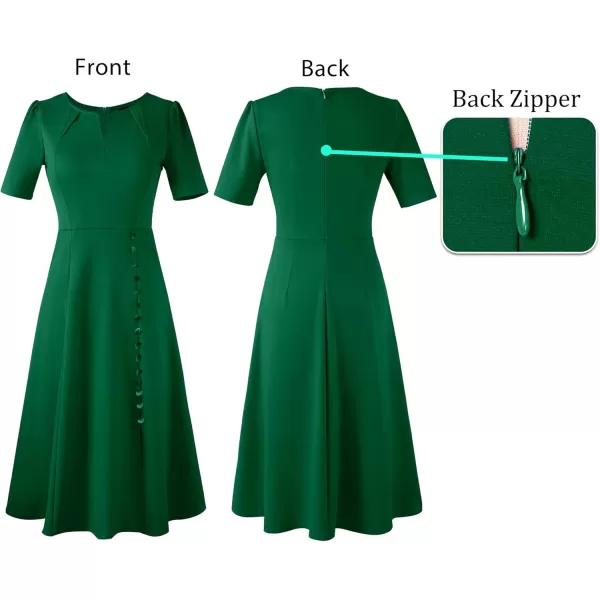 VFSHOW Women Pleated Notch V Neck Pockets Buttons Work Office Business ALine Midi DressGreen