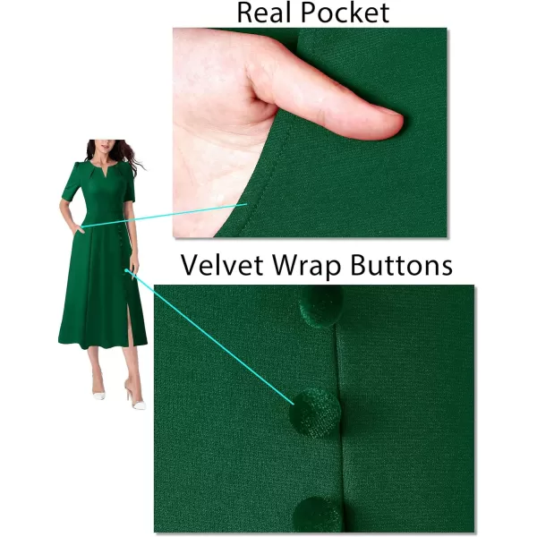 VFSHOW Women Pleated Notch V Neck Pockets Buttons Work Office Business ALine Midi DressGreen