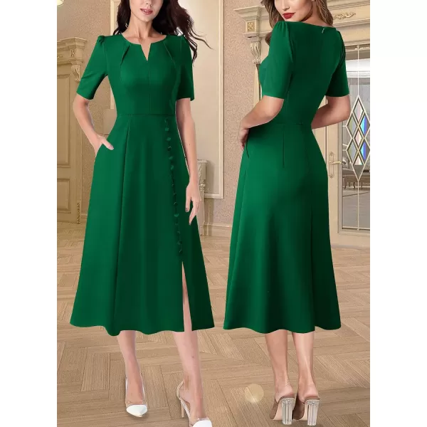 VFSHOW Women Pleated Notch V Neck Pockets Buttons Work Office Business ALine Midi DressGreen