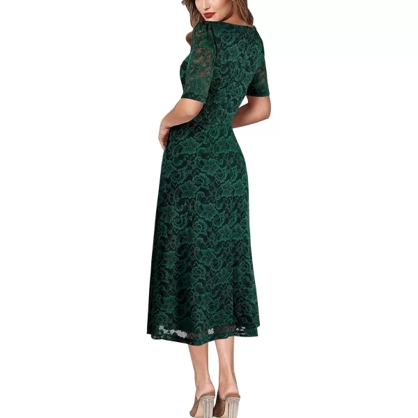 VFSHOW Women Pleated Notch V Neck Pockets Buttons Work Office Business ALine Midi DressGreen Floral Lace