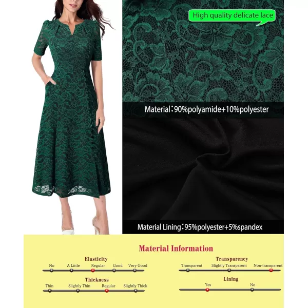 VFSHOW Women Pleated Notch V Neck Pockets Buttons Work Office Business ALine Midi DressGreen Floral Lace