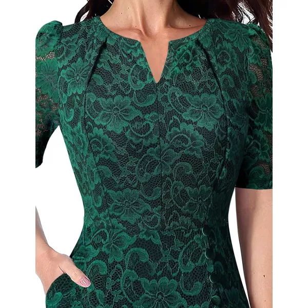 VFSHOW Women Pleated Notch V Neck Pockets Buttons Work Office Business ALine Midi DressGreen Floral Lace