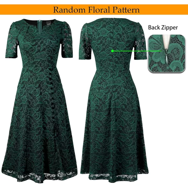 VFSHOW Women Pleated Notch V Neck Pockets Buttons Work Office Business ALine Midi DressGreen Floral Lace