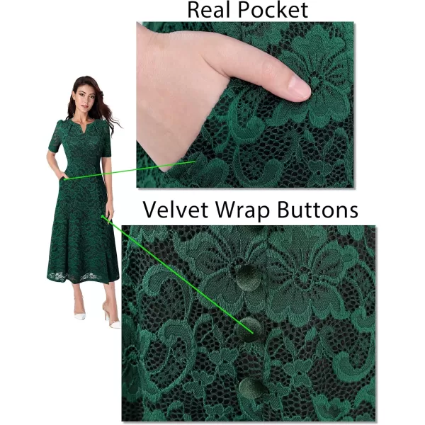 VFSHOW Women Pleated Notch V Neck Pockets Buttons Work Office Business ALine Midi DressGreen Floral Lace