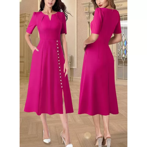 VFSHOW Women Pleated Notch V Neck Pockets Buttons Work Office Business ALine Midi DressHot Pink