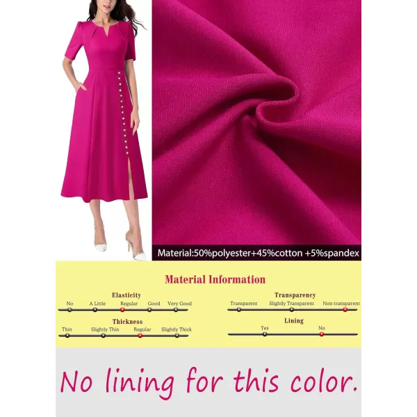 VFSHOW Women Pleated Notch V Neck Pockets Buttons Work Office Business ALine Midi DressHot Pink