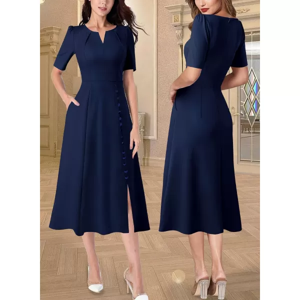 VFSHOW Women Pleated Notch V Neck Pockets Buttons Work Office Business ALine Midi DressNavy Blue