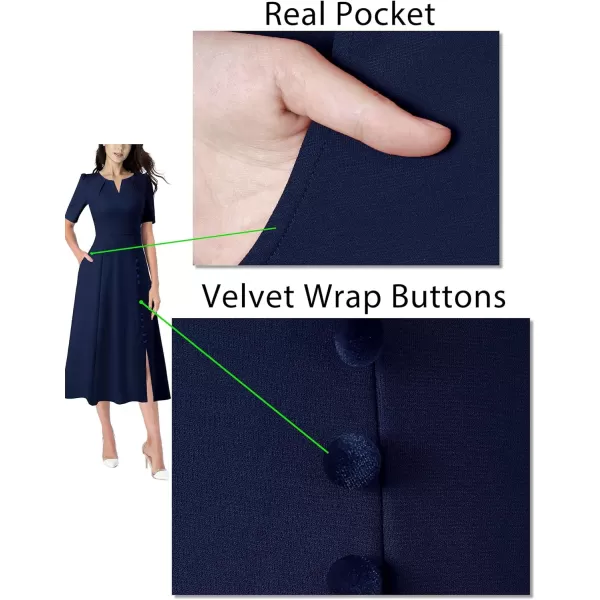 VFSHOW Women Pleated Notch V Neck Pockets Buttons Work Office Business ALine Midi DressNavy Blue