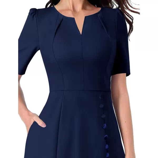 VFSHOW Women Pleated Notch V Neck Pockets Buttons Work Office Business ALine Midi DressNavy Blue