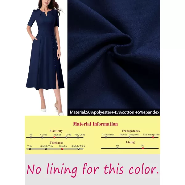 VFSHOW Women Pleated Notch V Neck Pockets Buttons Work Office Business ALine Midi DressNavy Blue