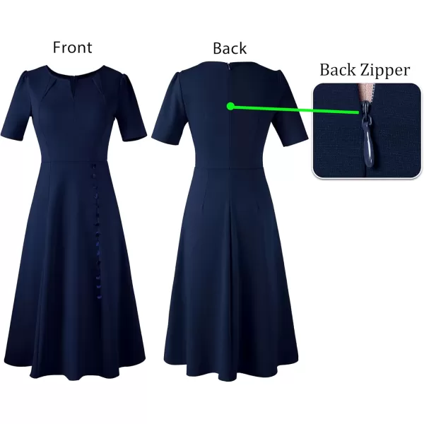 VFSHOW Women Pleated Notch V Neck Pockets Buttons Work Office Business ALine Midi DressNavy Blue