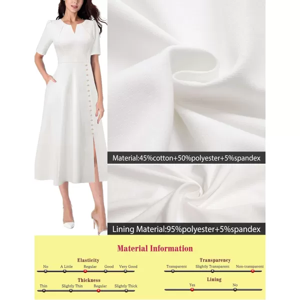 VFSHOW Women Pleated Notch V Neck Pockets Buttons Work Office Business ALine Midi DressOffwhite