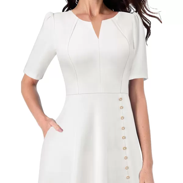 VFSHOW Women Pleated Notch V Neck Pockets Buttons Work Office Business ALine Midi DressOffwhite