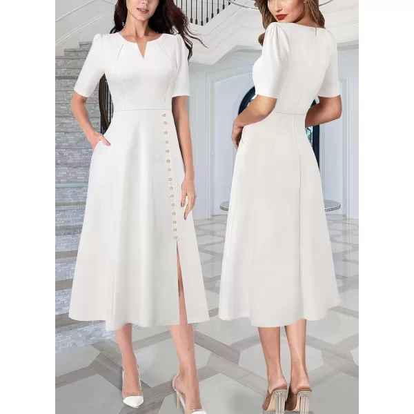 VFSHOW Women Pleated Notch V Neck Pockets Buttons Work Office Business ALine Midi DressOffwhite