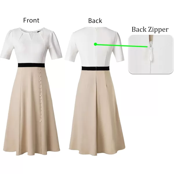 VFSHOW Women Pleated Notch V Neck Pockets Buttons Work Office Business ALine Midi DressOffwhiteblackbeige