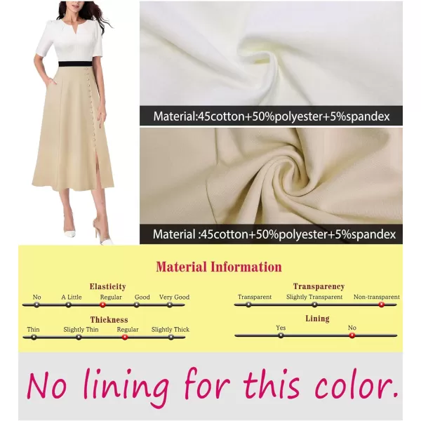 VFSHOW Women Pleated Notch V Neck Pockets Buttons Work Office Business ALine Midi DressOffwhiteblackbeige