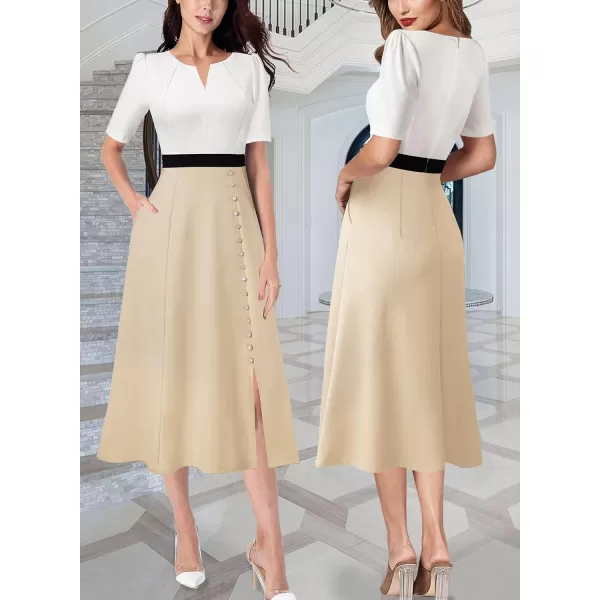 VFSHOW Women Pleated Notch V Neck Pockets Buttons Work Office Business ALine Midi DressOffwhiteblackbeige