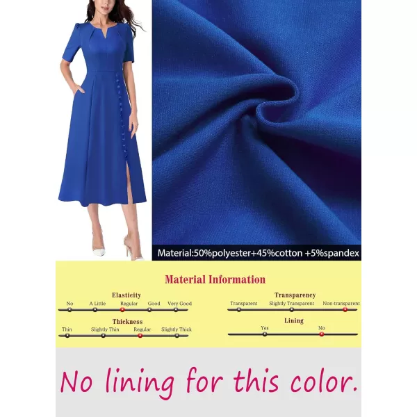 VFSHOW Women Pleated Notch V Neck Pockets Buttons Work Office Business ALine Midi DressRoyal Blue