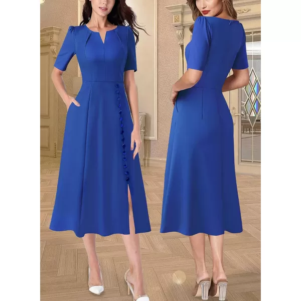 VFSHOW Women Pleated Notch V Neck Pockets Buttons Work Office Business ALine Midi DressRoyal Blue