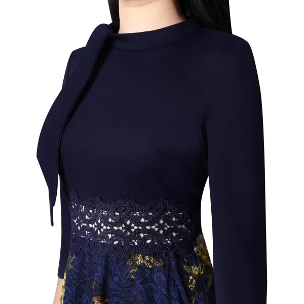 VFSHOW Womens Bow Tie Crew Neck Patchwork Pockets Work Office Cocktail Party ALine Midi DressDark Blue  Floral Lace