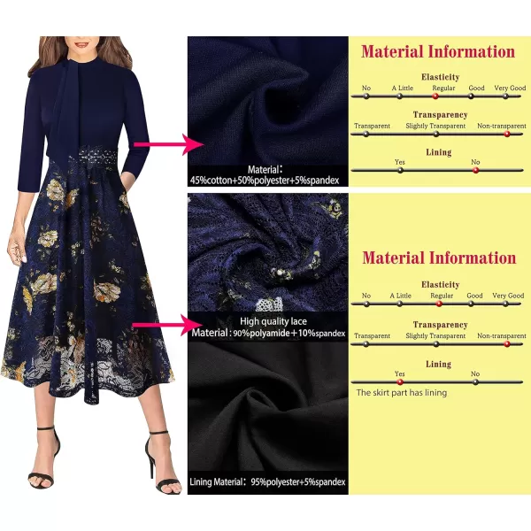 VFSHOW Womens Bow Tie Crew Neck Patchwork Pockets Work Office Cocktail Party ALine Midi DressDark Blue  Floral Lace