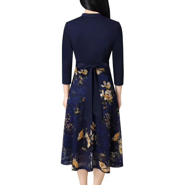 VFSHOW Womens Bow Tie Crew Neck Patchwork Pockets Work Office Cocktail Party ALine Midi DressDark Blue  Floral Lace