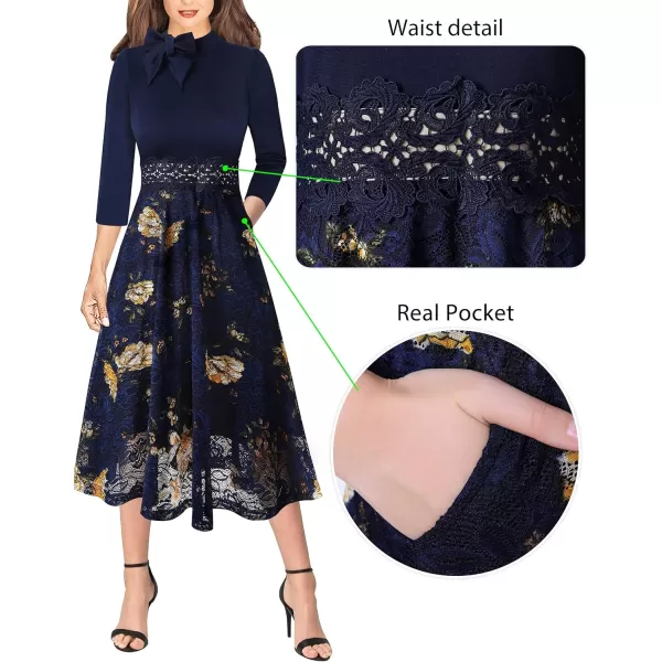 VFSHOW Womens Bow Tie Crew Neck Patchwork Pockets Work Office Cocktail Party ALine Midi DressDark Blue  Floral Lace