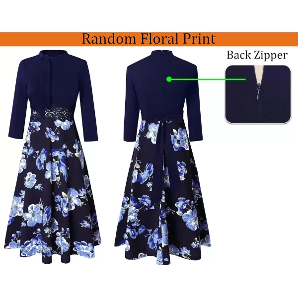 VFSHOW Womens Bow Tie Crew Neck Patchwork Pockets Work Office Cocktail Party ALine Midi DressDark Blue Floral Print