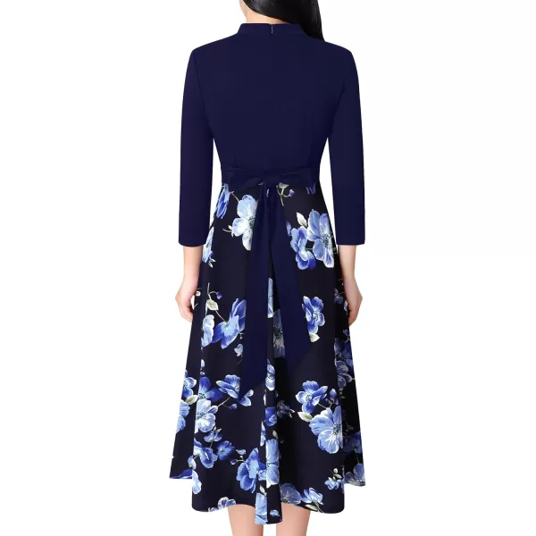 VFSHOW Womens Bow Tie Crew Neck Patchwork Pockets Work Office Cocktail Party ALine Midi DressDark Blue Floral Print