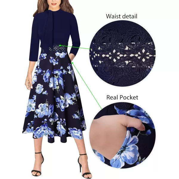 VFSHOW Womens Bow Tie Crew Neck Patchwork Pockets Work Office Cocktail Party ALine Midi DressDark Blue Floral Print