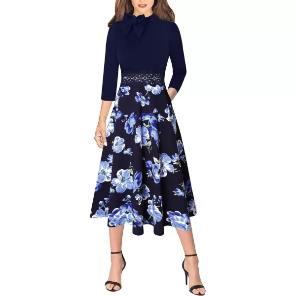 VFSHOW Womens Bow Tie Crew Neck Patchwork Pockets Work Office Cocktail Party ALine Midi DressDark Blue Floral Print