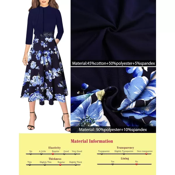 VFSHOW Womens Bow Tie Crew Neck Patchwork Pockets Work Office Cocktail Party ALine Midi DressDark Blue Floral Print