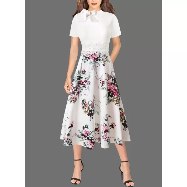 VFSHOW Womens Bow Tie Crew Neck Patchwork Pockets Work Office Cocktail Party ALine Midi DressOff White Floral Print