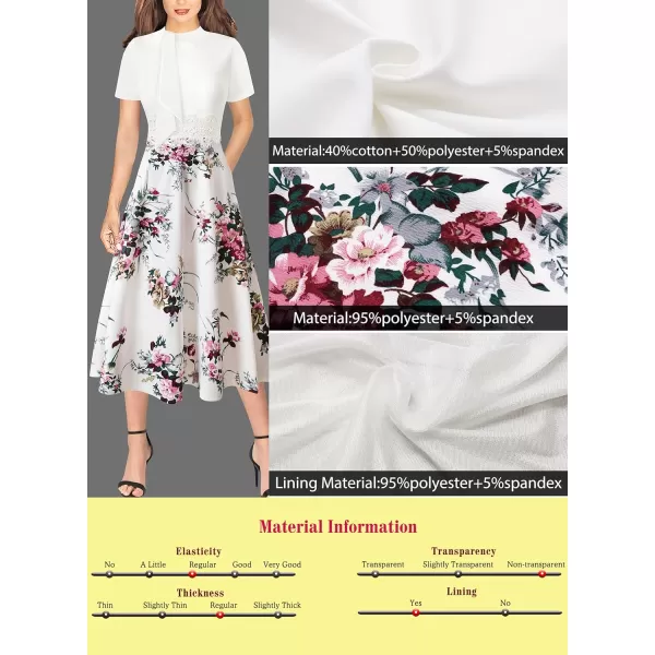 VFSHOW Womens Bow Tie Crew Neck Patchwork Pockets Work Office Cocktail Party ALine Midi DressOff White Floral Print