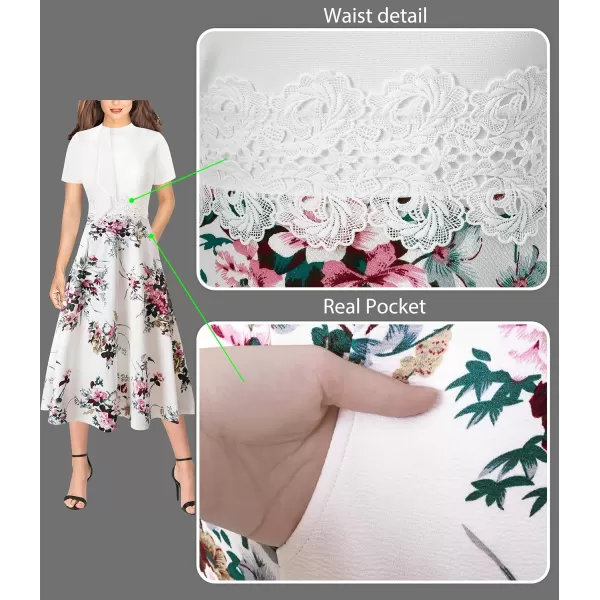 VFSHOW Womens Bow Tie Crew Neck Patchwork Pockets Work Office Cocktail Party ALine Midi DressOff White Floral Print