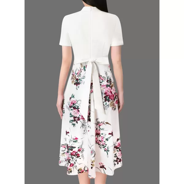 VFSHOW Womens Bow Tie Crew Neck Patchwork Pockets Work Office Cocktail Party ALine Midi DressOff White Floral Print