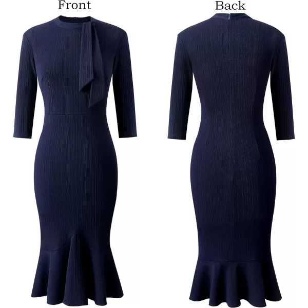 VFSHOW Womens Bow Tie Neck Vintage Cocktail Party Bodycon Pencil Mermaid Midi DressNavy Blue2 Tie Neck