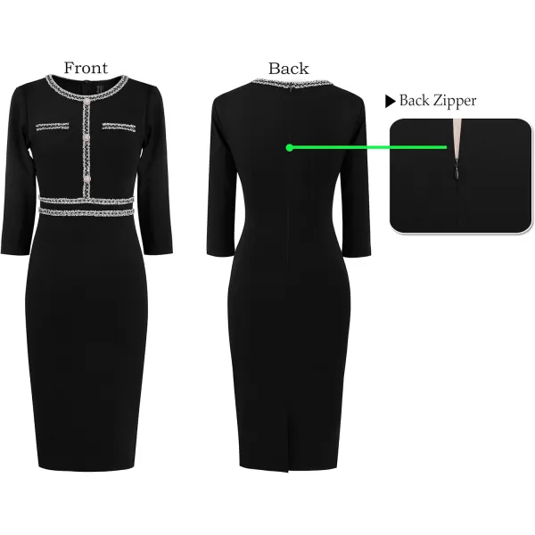 VFSHOW Womens Business Button Crew Neck Fitted Wear to Work Office Patchwork Pencil Sheath DressBlack