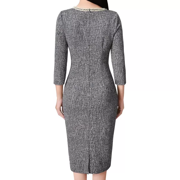 VFSHOW Womens Business Button Crew Neck Fitted Wear to Work Office Patchwork Pencil Sheath DressBlack Tweed