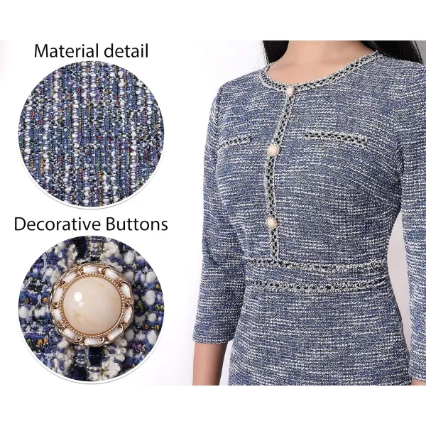 VFSHOW Womens Business Button Crew Neck Fitted Wear to Work Office Patchwork Pencil Sheath DressBlue Tweed