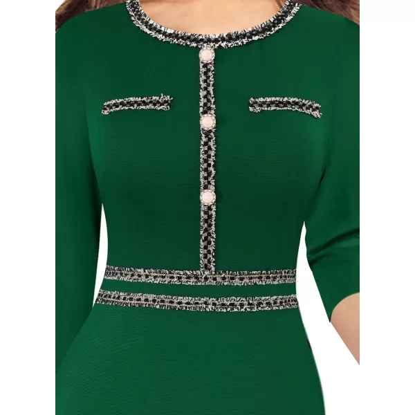 VFSHOW Womens Business Button Crew Neck Fitted Wear to Work Office Patchwork Pencil Sheath DressGreen