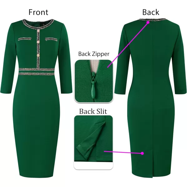 VFSHOW Womens Business Button Crew Neck Fitted Wear to Work Office Patchwork Pencil Sheath DressGreen