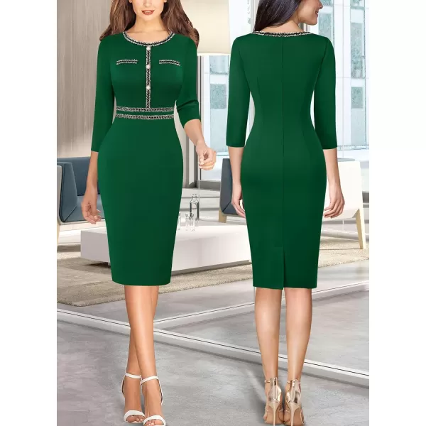 VFSHOW Womens Business Button Crew Neck Fitted Wear to Work Office Patchwork Pencil Sheath DressGreen