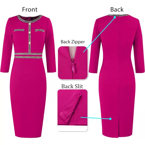 VFSHOW Womens Business Button Crew Neck Fitted Wear to Work Office Patchwork Pencil Sheath DressHot Pink