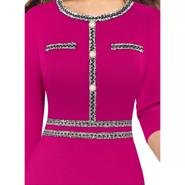 VFSHOW Womens Business Button Crew Neck Fitted Wear to Work Office Patchwork Pencil Sheath DressHot Pink