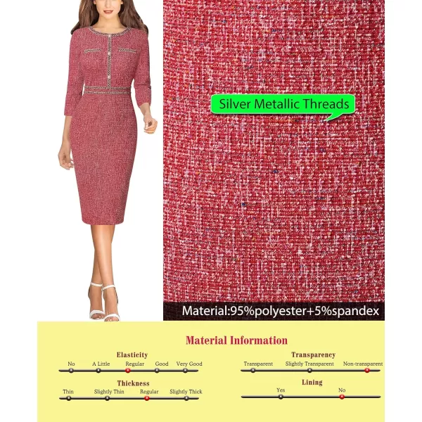 VFSHOW Womens Business Button Crew Neck Fitted Wear to Work Office Patchwork Pencil Sheath DressRed Tweed