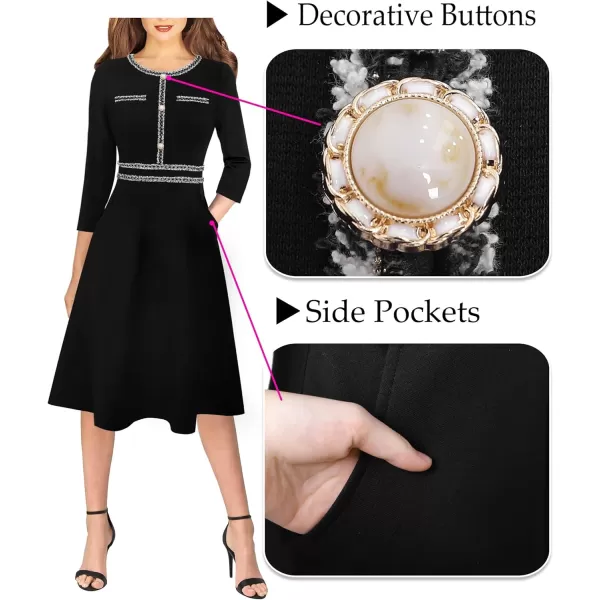 VFSHOW Womens Button Pockets Slim Wear to Work Office Business Party Patchwork ALine DressBlack